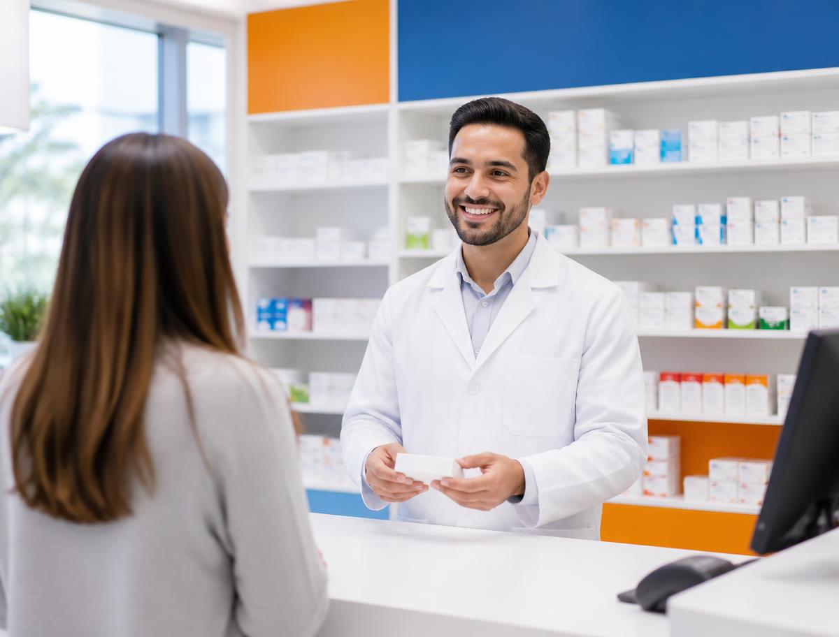 Interior de Farmacia Farma Solución 2730 con estantes de medicamentos y atención al cliente